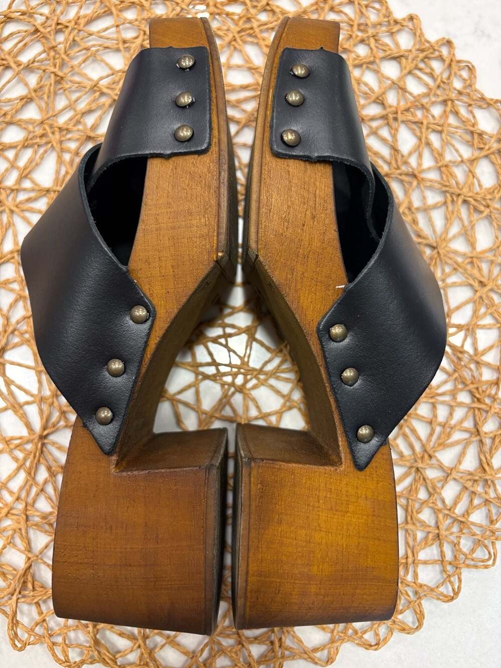 Seychelles Black Leather Criss Cross Wooden Platform Clog Sandals - Picture 6 of 9